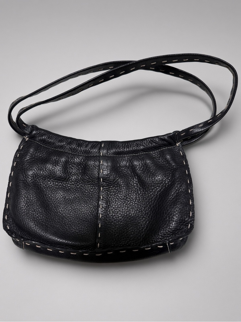 Q&A Black Pebbled Leather Mini Shoulder Bag White Stitch